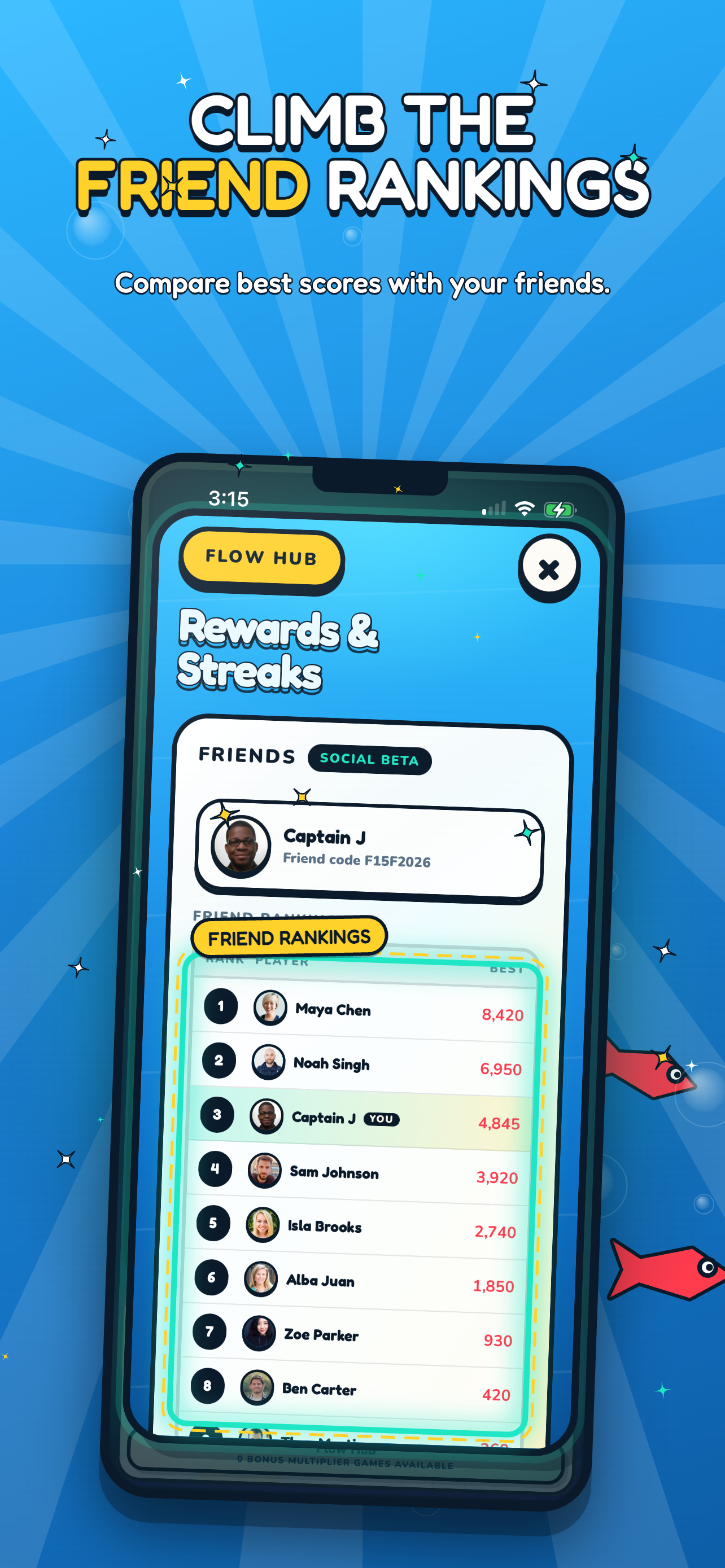 Flow Hub friend rankings table with profile images