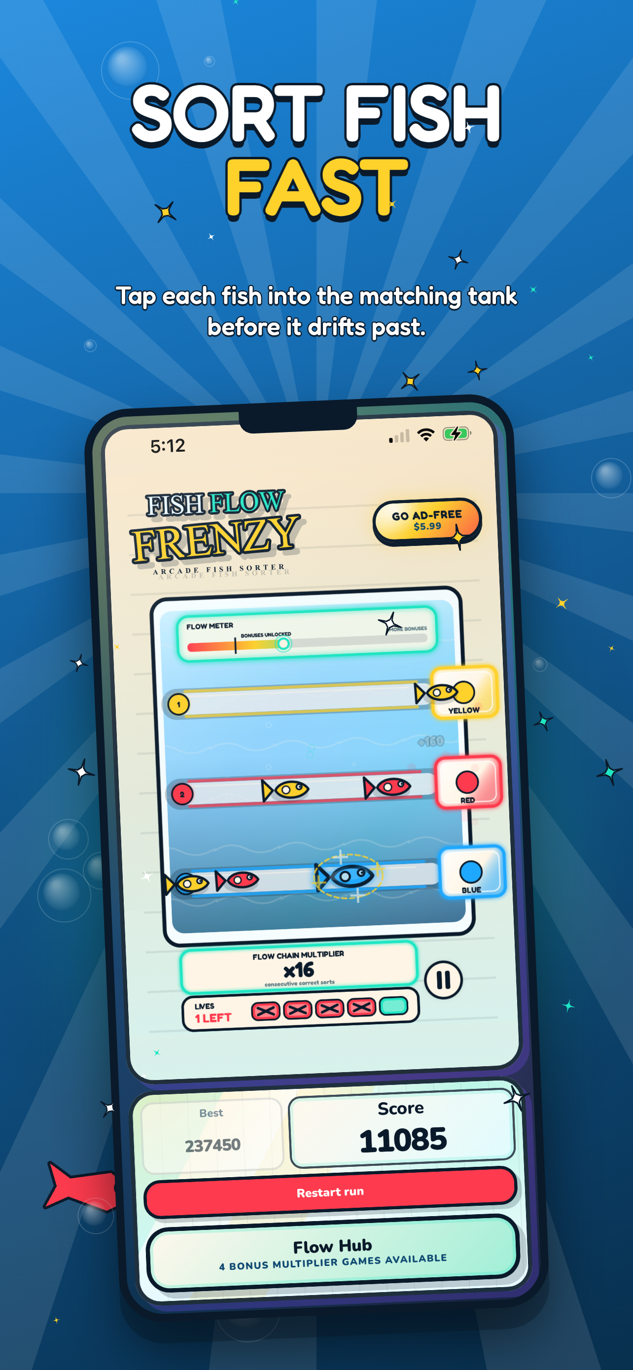 Fish Flow Frenzy gameplay with fish moving through matching lanes